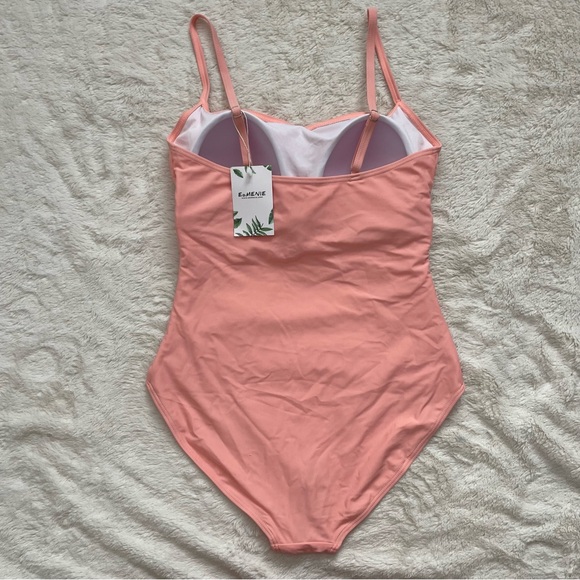 NWT EoMENIE Women's One Piece Swimsuit Tummy Control Ruched Size Large Salmon - Picture 2 of 10